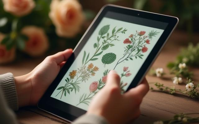 فنانة تعمل على تصميم رقمي مزين بالزهور، تعكس الإبداع والتعلم المستمر